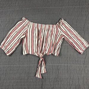 4/$15 Striped Boho Blouse Women Small Cropped Short Sleeve Tie Front Ambiance